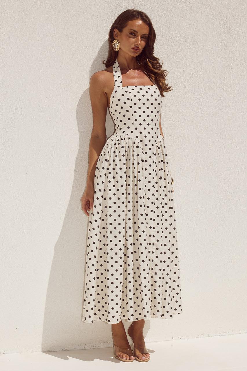 Runaway The Label SAMMI HALTER MIDI DRESS - CREAM/BLACK POLKA