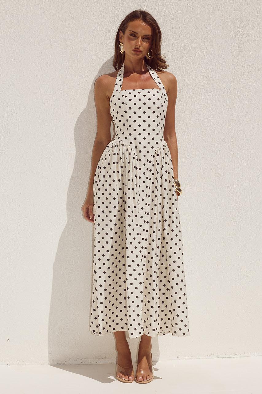 runaway the label SAMMI HALTER MIDI DRESS - CREAM/BLACK POLKA