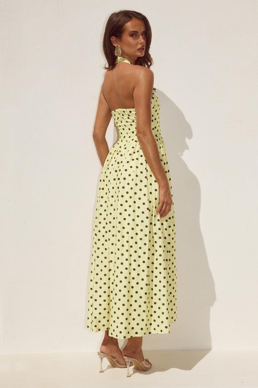 Runaway The Label SAMMI HALTER MIDI DRESS - LEMON/CHOC POLKA