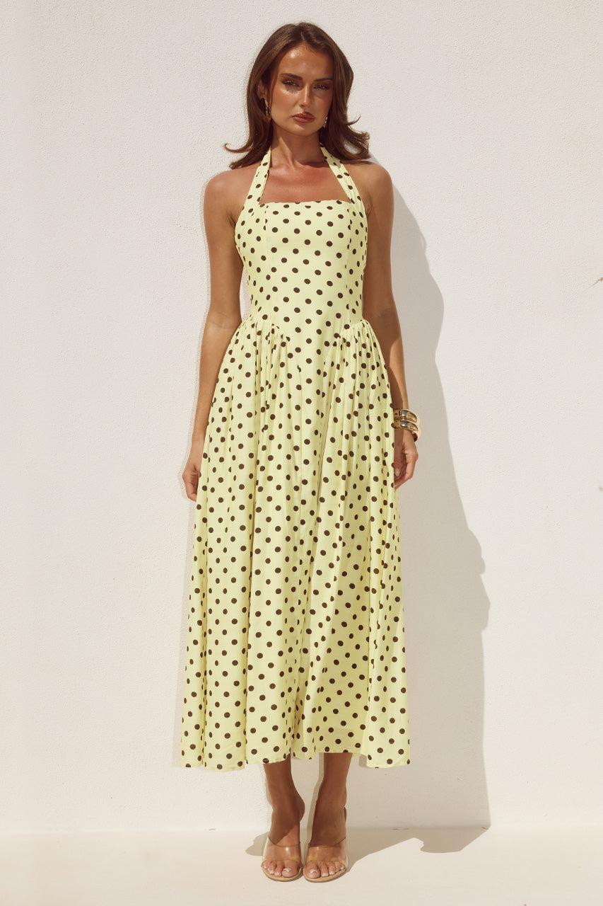 runaway the label SAMMI HALTER MIDI DRESS - LEMON/CHOC POLKA