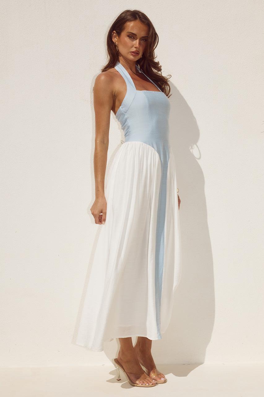 Runaway The Label SAMMI HALTER MIDI DRESS - SKY BLUE/WHITE