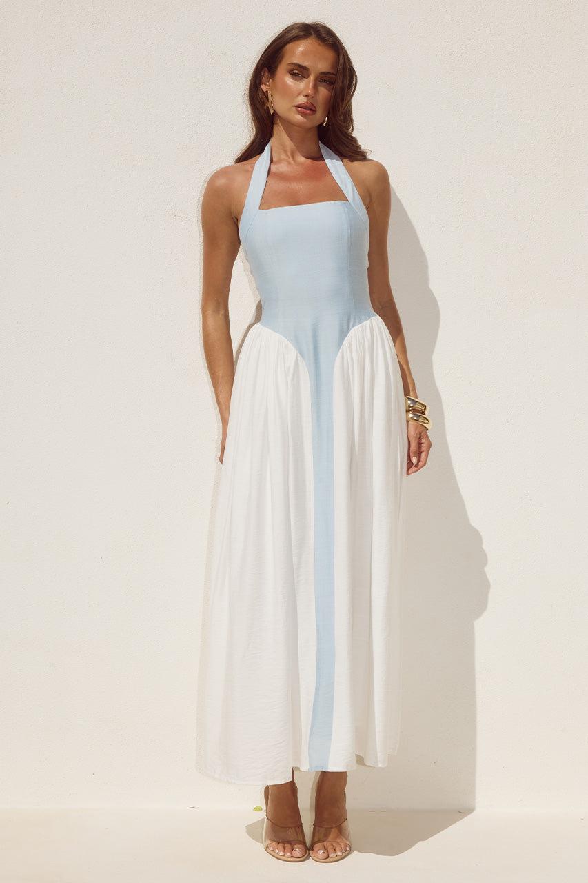 runaway the label SAMMI HALTER MIDI DRESS - SKY BLUE/WHITE