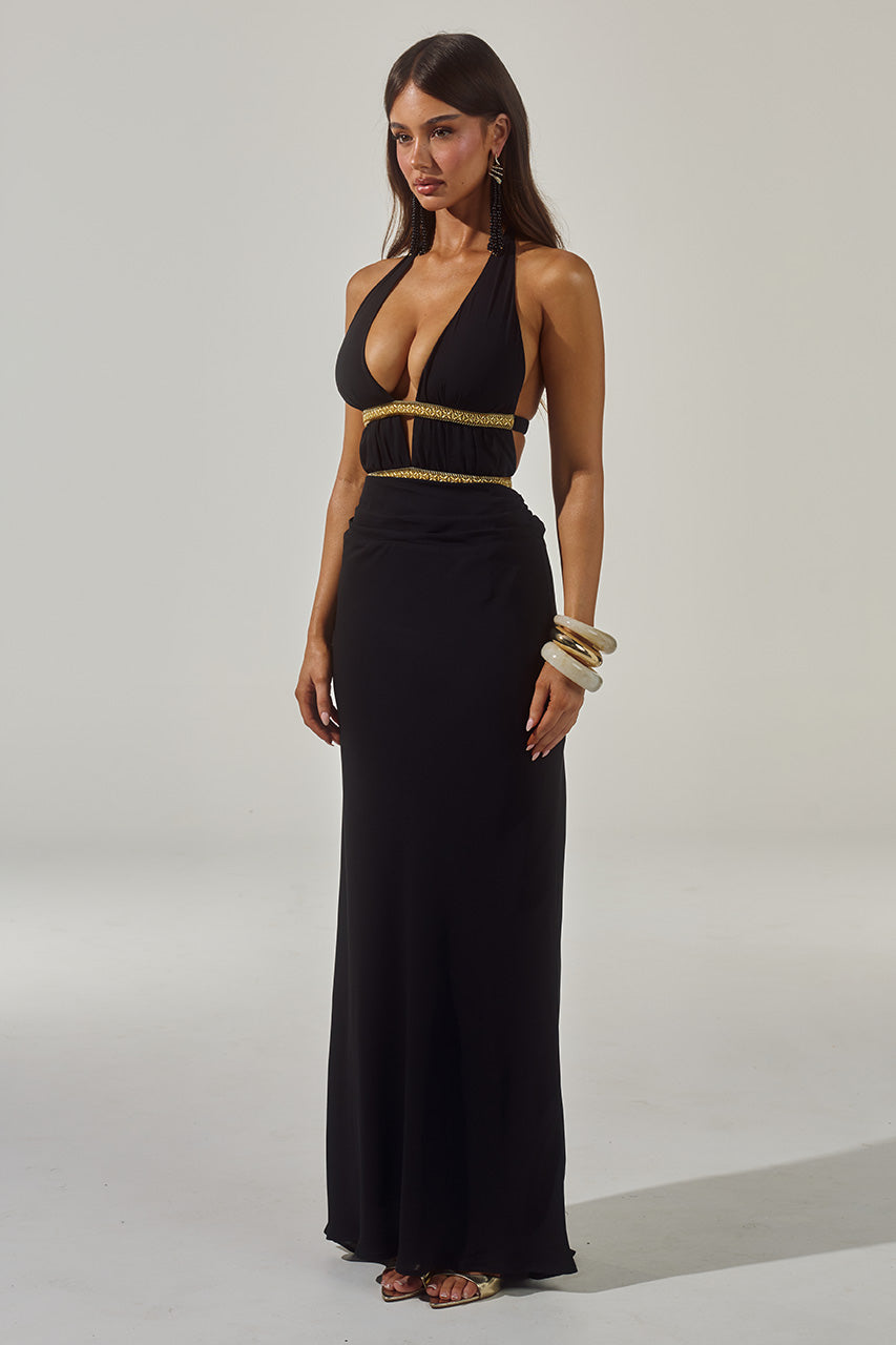 Runaway The Label XYLIA HALTER LOW PLUNGE MAXI DRESS - BLACK