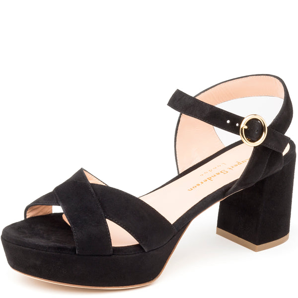 Rupert Sanderson Deidre Black Suede 75mm Mid Heel Sandals