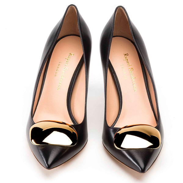 Rupert Sanderson Nada Cromato Gold Pebble Black Nappa 75mm Mid Heel Pumps