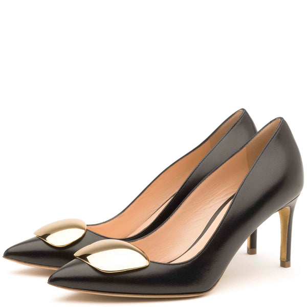 Rupert Sanderson Nada Cromato Gold Pebble Black Nappa 75mm Mid Heel Pumps