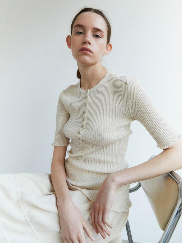 Rus Pane Top Buttoned Ribbed Top