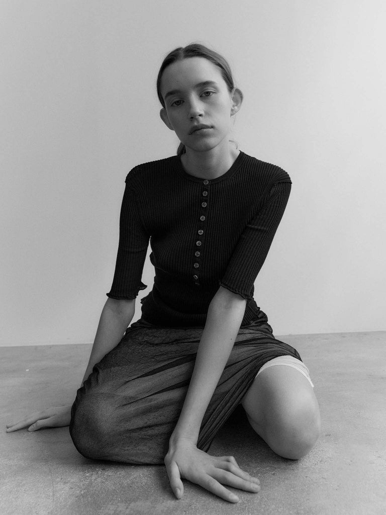 Rus Pane Top Buttoned Ribbed Top