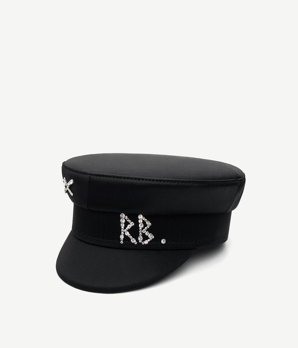 Ruslan Baginskiy Crystal-embellished Black Satin Baker Boy Cap • RB United States
