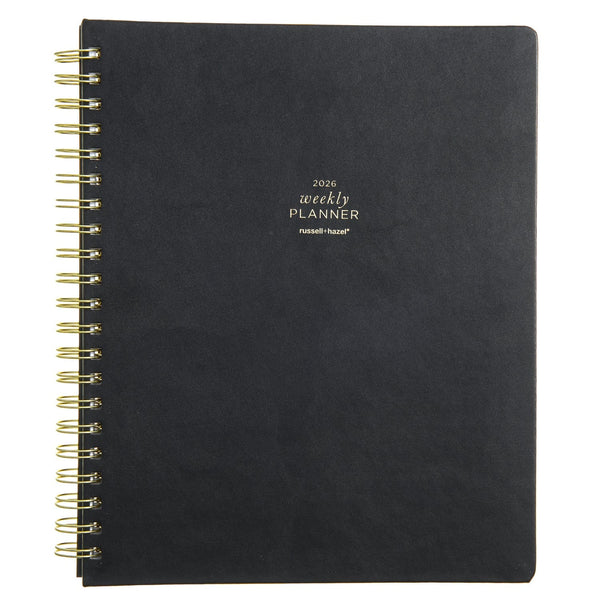 russell hazel 2026 January-December Weekly Planner - Spiral Vegan Leather - Black with Gold Foil
