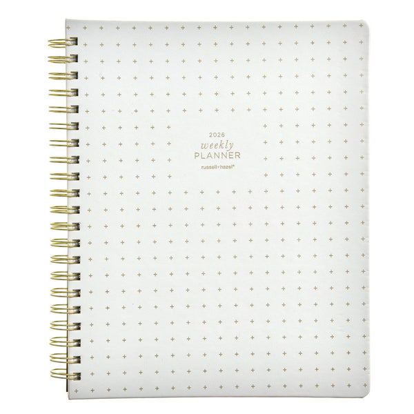 russell hazel 2026 January-December Weekly Planner - Spiral Vegan Leather - Bone with Gold Foil