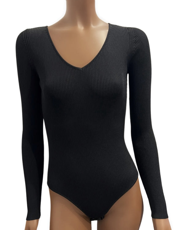 ryan roche Ballerina knit bodysuit with slim long sleeve in black