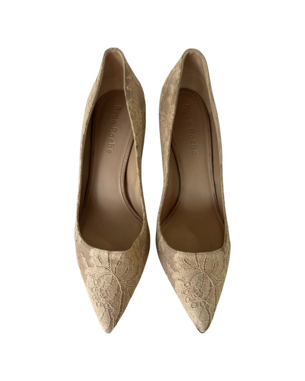 Ryan Roche CAMEL FRENCH LACE PUMP WITH STACKED HEEL SIZE 39 And 40