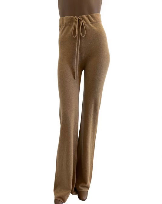 Ryan Roche Recycled Cashmere High Waisted Wide Leg Knit Pant In Camel