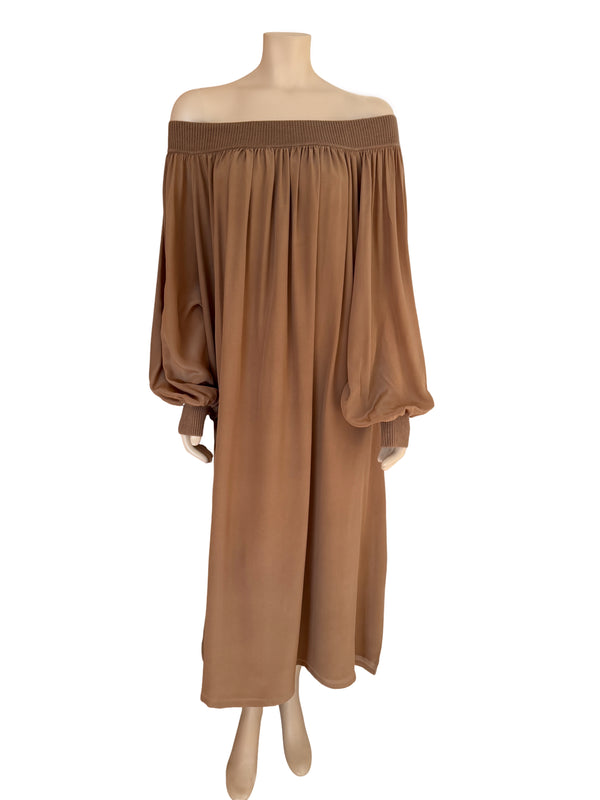ryan roche Washed Silk Cashmere Rib Dress in Camel