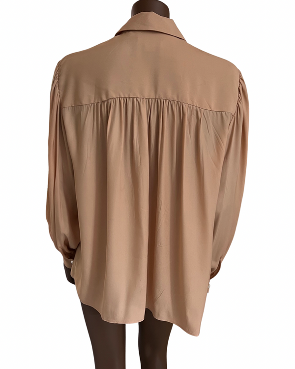 Ryan Roche Silk Blouse With Puff Sleeve And Pearl Buttons In Adobe