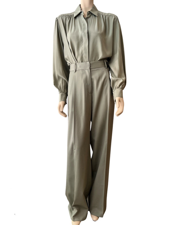 ryan roche Silk crepe de chine blouse with puff sleeve and delicate chantilly lace trim in pale sage