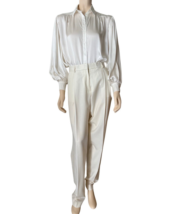 ryan roche Silk satin charmeuse puffed sleeve blouse in winter white