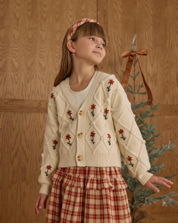Rylee Cru Boxy Crop Cardigan Winter Daisy Embroidery