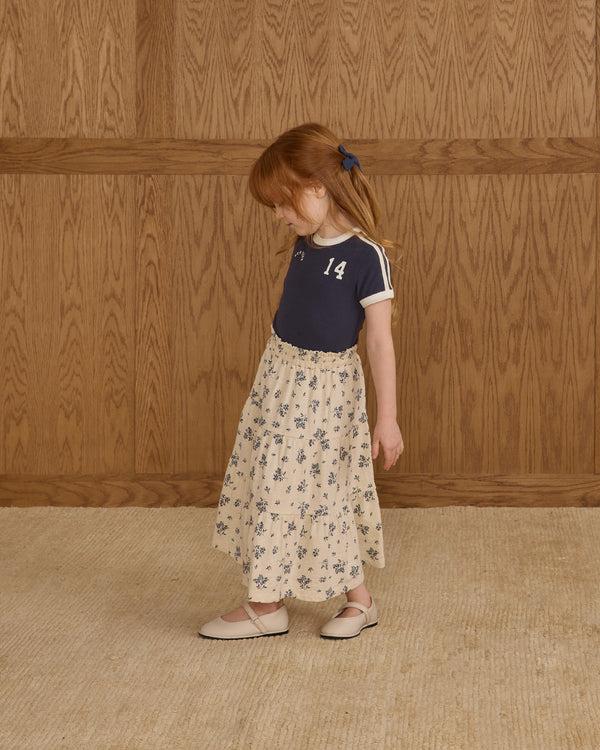 Rylee Cru Ruffle Tiered Midi Skirt Blue Floral