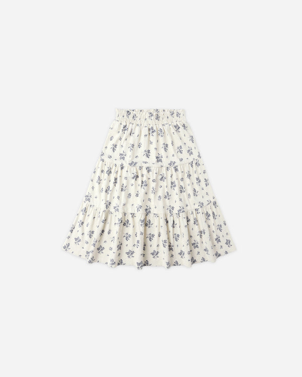 rylee cru Ruffle Tiered Midi Skirt Blue Floral