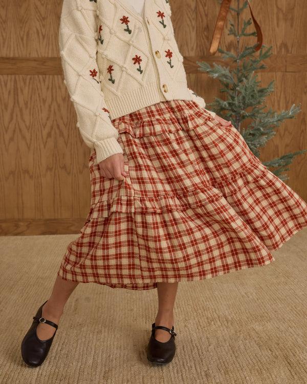 Rylee Cru Ruffled Midi Skirt Red Plaid
