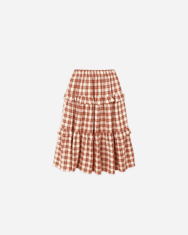 rylee cru Ruffled Midi Skirt Red Plaid