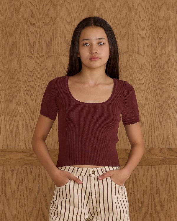 rylee cru Teen Scallop Tee Burgundy