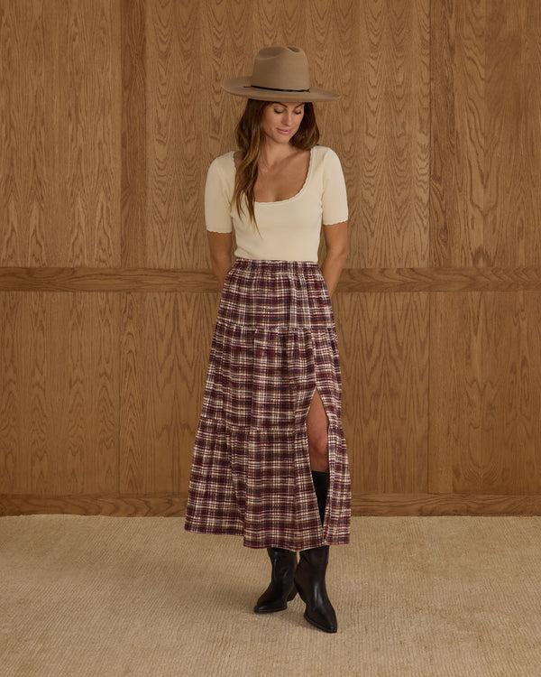Rylee Cru Women's Tiered Midi Skirt Burgundy Plaid