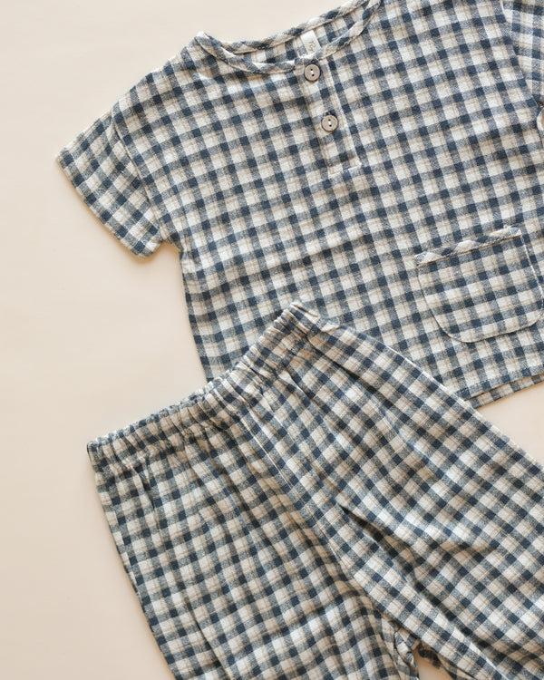 Rylee Cru Woven Henley Tee Navy Check