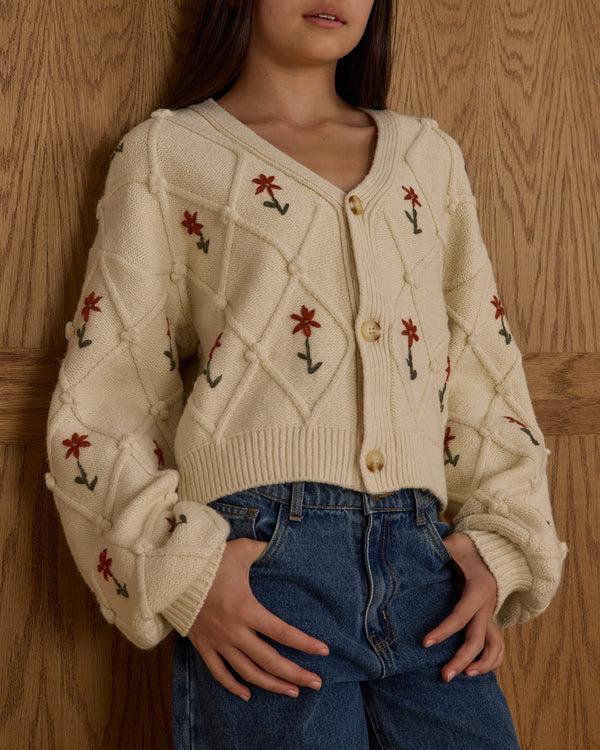 Rylee Cru Teen Boxy Crop Cardigan Winter Daisy Embroidery