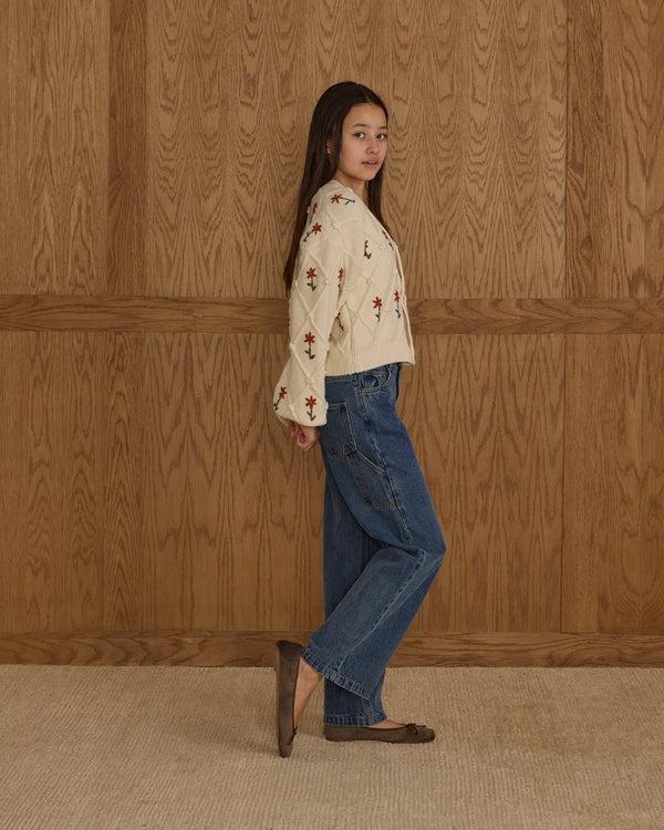Rylee Cru Teen Boxy Crop Cardigan Winter Daisy Embroidery