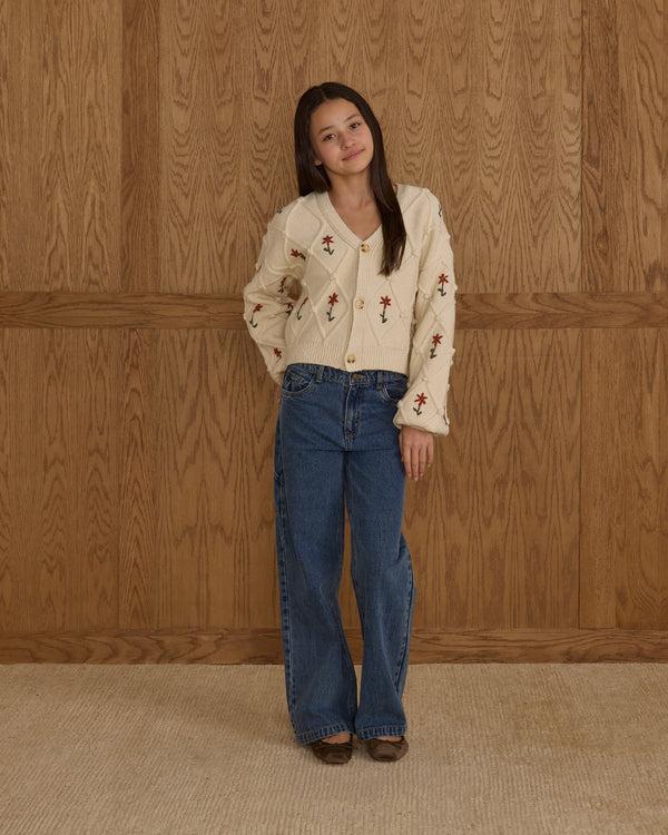 rylee cru Teen Boxy Crop Cardigan Winter Daisy Embroidery