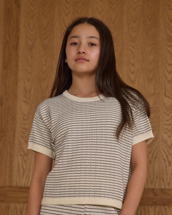 Rylee Cru Teen Boxy Crop Knit Tee Dusty Blue Stripe