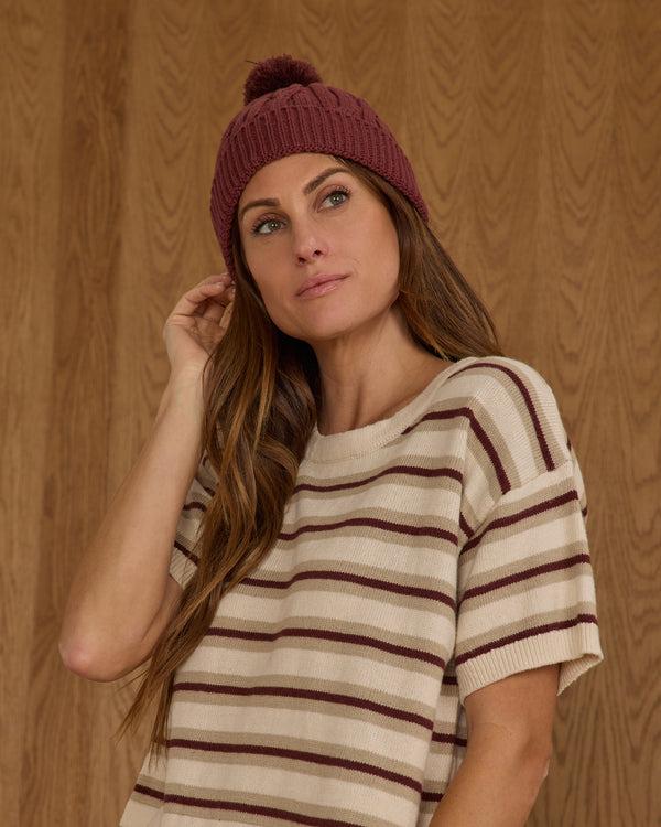 Rylee Cru Women's Boxy Crop Knit Tee Burgundy Stripe