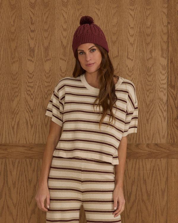 rylee cru Women's Boxy Crop Knit Tee Burgundy Stripe
