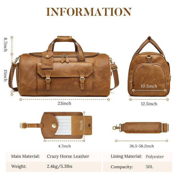 S Zone S-ZONE 50L Genuine Leather Duffel Bags For Traveling