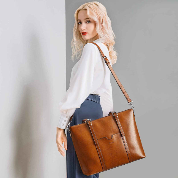 S Zone Genuine Leather Laptop Tote Bag