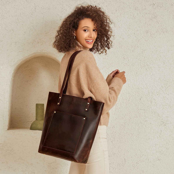 S Zone Genuine Leather Tote Bag With Front Pocket
