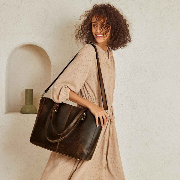S Zone Large Bucket Geuine Leather Tote