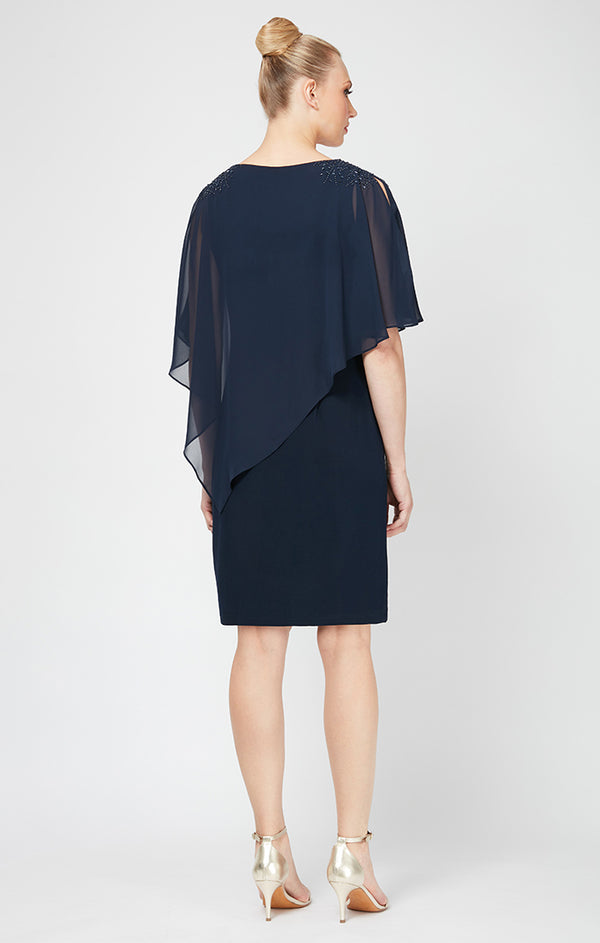 S.L. Fashions Chiffon Overlay Jersey Sheath Dress With Beaded Shoulder Detail