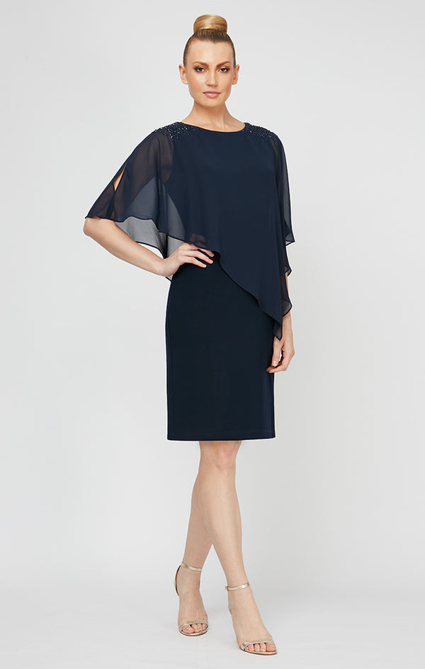 S.L. Fashions Chiffon Overlay Jersey Sheath Dress with Beaded Shoulder Detail