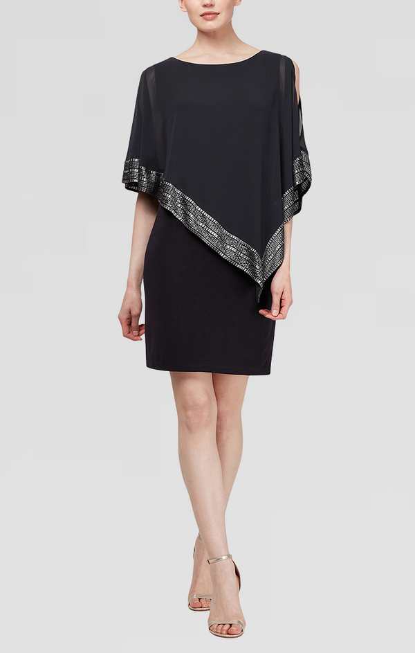 S.L. Fashions Foil Trim Asymmetrical Chiffon & Jersey Popover Cape Dress