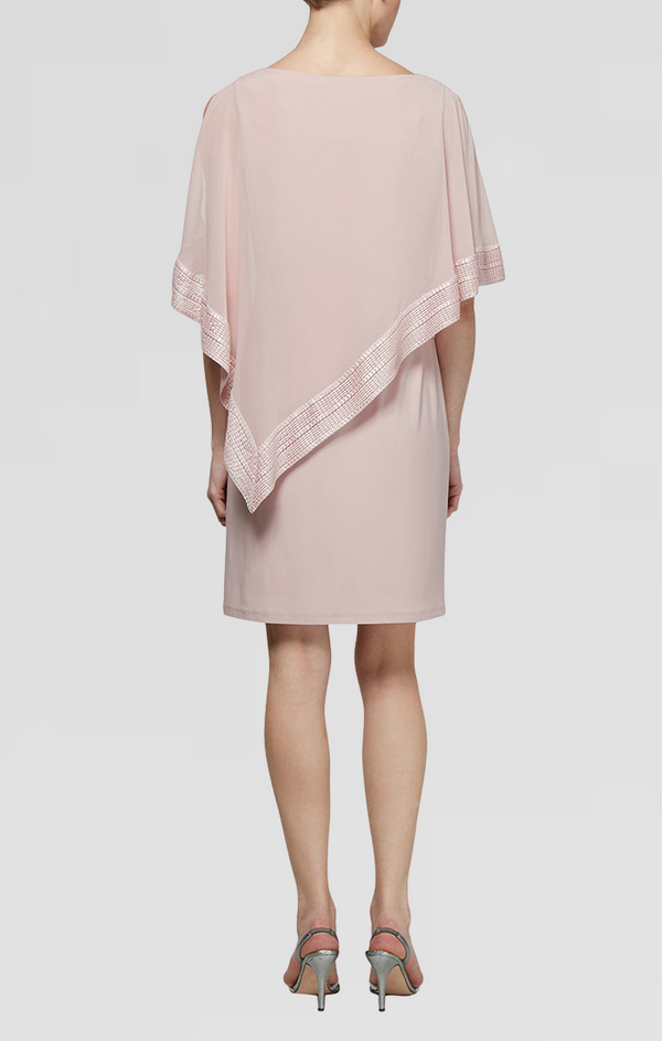 S.L. Fashions Foil Trim Asymmetrical Chiffon & Jersey Popover Cape Dress