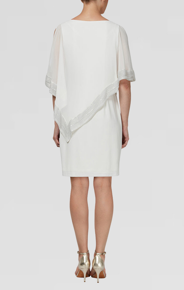 S.L. Fashions Foil Trim Asymmetrical Chiffon & Jersey Popover Cape Dress