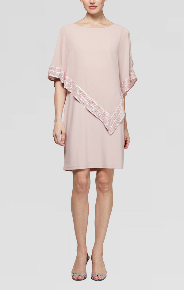 S.L. Fashions Foil Trim Asymmetrical Chiffon & Jersey Popover Cape Dress S.L. Fashions Foil Trim Asymmetrical Chiffon & Jersey Popover Cape Dress