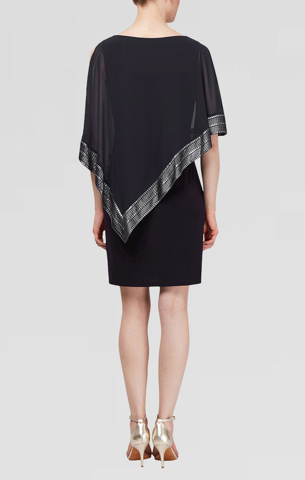 S.L. Fashions Foil Trim Asymmetrical Chiffon & Jersey Popover Cape Dress