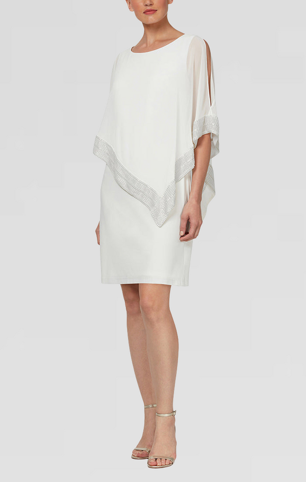 S.L. Fashions Foil Trim Asymmetrical Chiffon & Jersey Popover Cape Dress