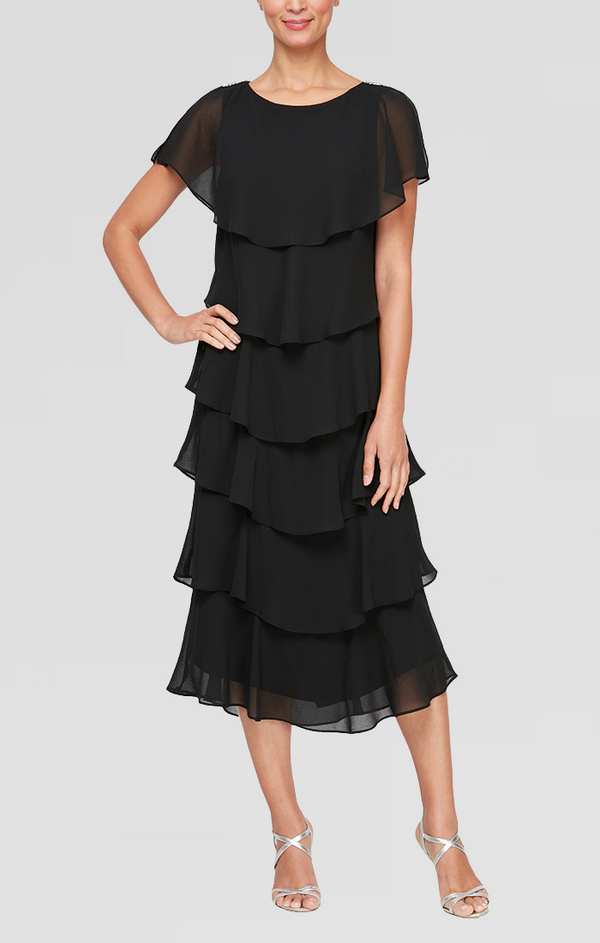 S.L. Fashions Georgette Chiffon Tea-Length Dress With Caplet Sleeves And Beaded Trim On Shoulders