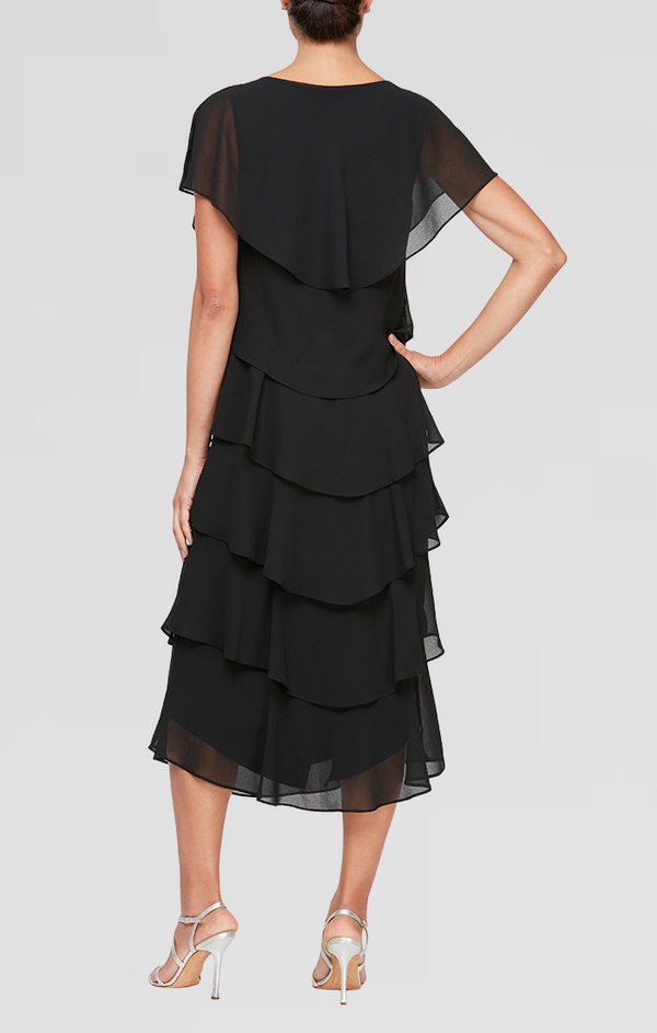 S.L. Fashions Georgette Chiffon Tea-Length Dress With Caplet Sleeves And Beaded Trim On Shoulders